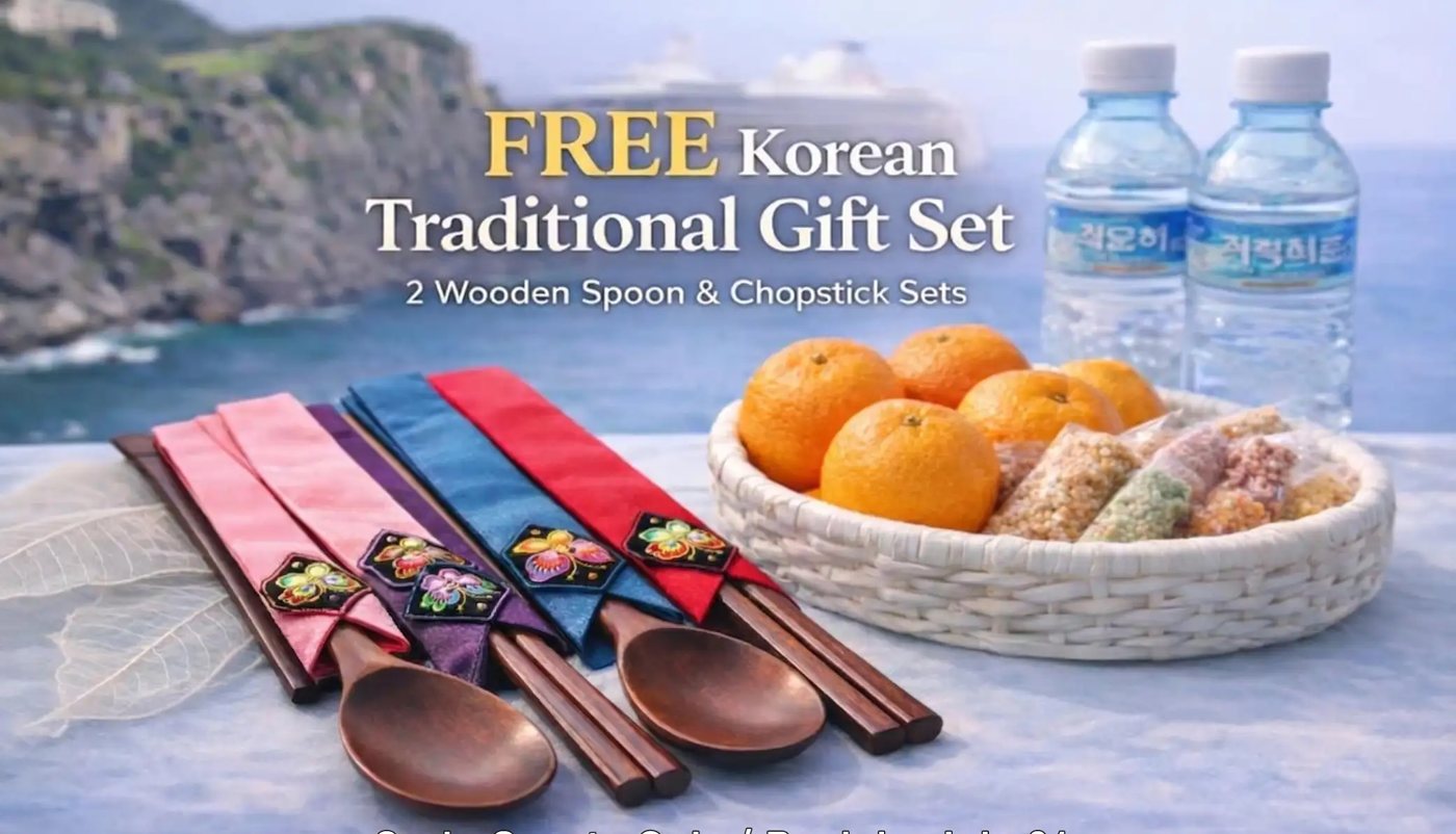 Korean traditional spoon and chopstick gift set, tangerines, snacks and water