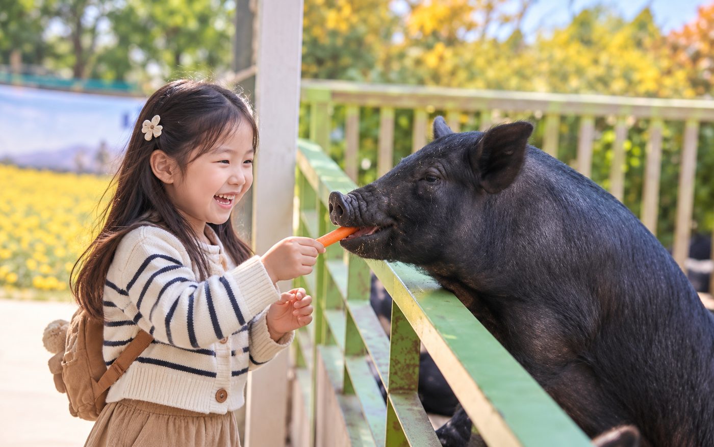 Feeding Jeju black pigs at Hueree Nature Life Park