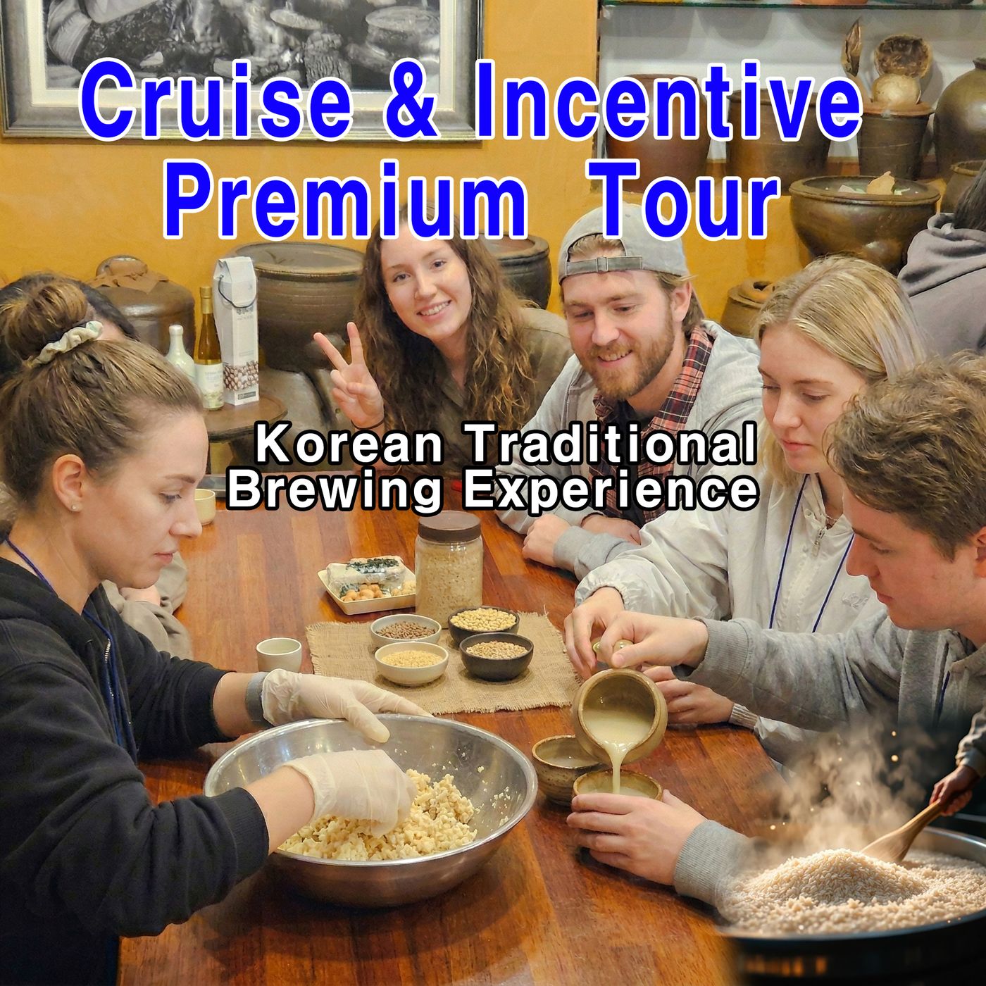Travelers at a traditional Makgeolli brewing experience in Jeju
